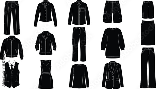 Clothing Silhouette Icon Set Featuring Shirts, Pants, Jackets, Dresses, Skirts, Shorts, and Formal Wear, Black Vector Fashion Apparel Icons Isolated on White