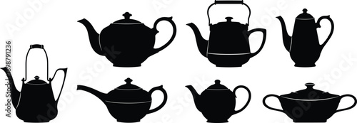 Teapot Silhouette Icon Set Featuring Classic and Modern Tea Kettles, Ceramic Teaware Designs, Black Vector Kitchen Drinkware Icons Isolated on White