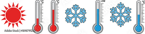 Temperature weather icon set showing hot and cold conditions with thermometers, sun, and snowflake symbols, climate measurement vector illustration isolated on white background