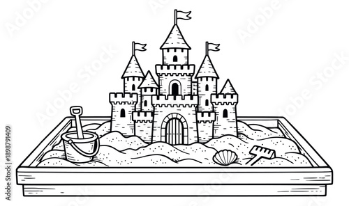 Hand drawn line art illustration of a sandcastle in a sandbox depicting a bucket, shovel, and rake for summer playtime