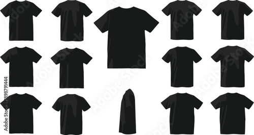 Black T Shirt Mockup Illustration Set Showing Front, Back, and Side Views, Plain Cotton Apparel Design Template Isolated on White Background