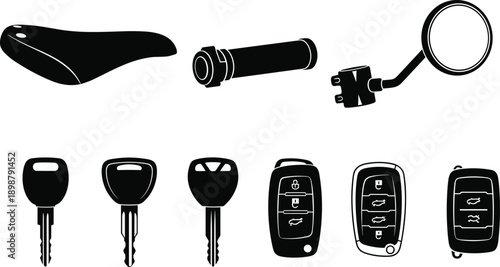 Bicycle and Vehicle Accessory Silhouette Icon Set Featuring Bike Saddle, Handle Grip, Mirror, Keys, and Car Remote Controls, Black Vector Icons Isolated