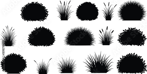 Bush and Grass Silhouette Icon Set Featuring Shrubs, Ornamental Plants, Garden Foliage, and Natural Vegetation Elements, Black Vector Landscape Icons Isolated