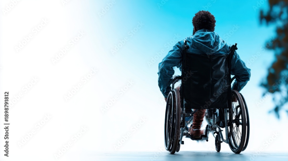 Obraz premium A person in a wheelchair gazes out into the horizon, symbolizing resilience and hope, amidst a serene backdrop suggesting freedom and limitless possibilities.