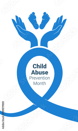 Banner on the topic of the Month of preventing abuse of children. Blue ribbon and hands of an adult holding the legs of a child.
