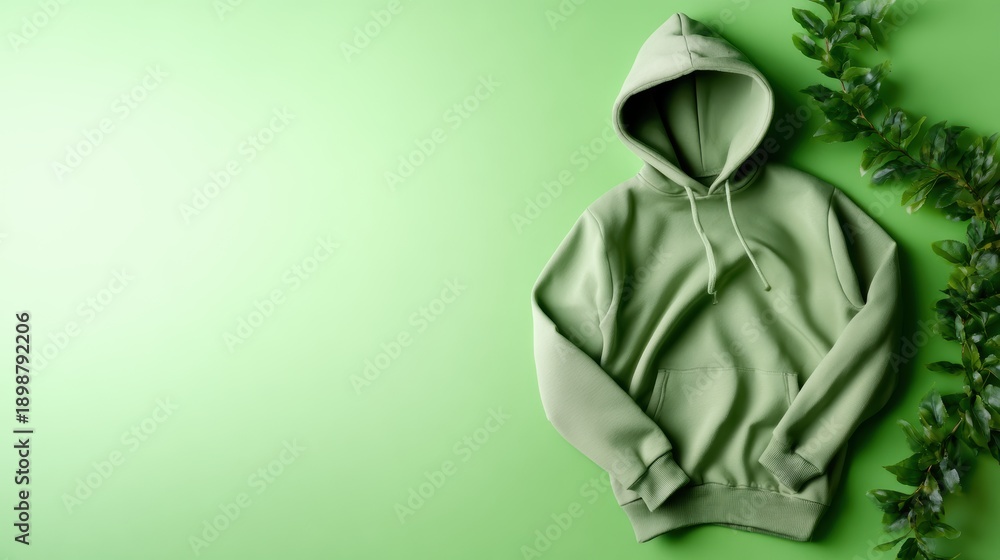 Obraz premium A stylish green hoodie laid flat against a solid backdrop embodies comfort and casual style, perfect for relaxation, outdoor activities, or simply lounging at home.