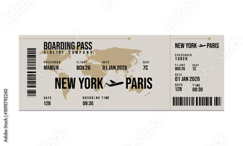 A boarding pass for a flight from New York to Paris France