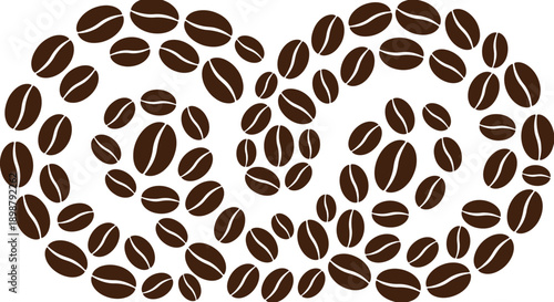 Roasted brown coffee beans arranged in creative swirling infinity loop pattern for cafe branding, caffeine energy drink and barista shop menu decoration concept.