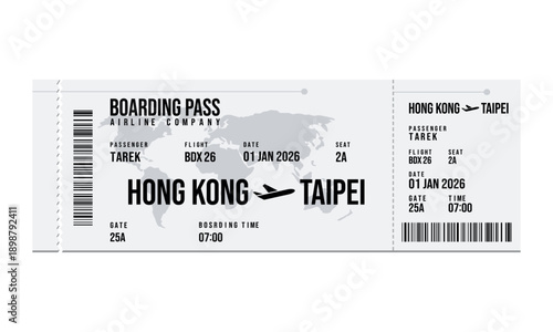 A boarding pass for a flight from Hong Kong to Taipei on January 1st