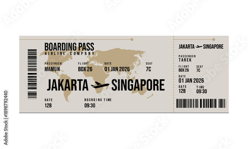 A boarding pass for a flight from Jakarta to Singapore on January 1st