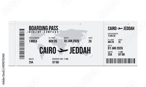 A boarding pass for a flight from Cairo to Jeddah on January 1st 2026