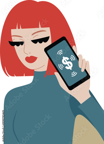 Digital mobile payment illustration, red hair woman holding smartphone with dollar symbol, cashless transaction concept, fintech banking, online finance