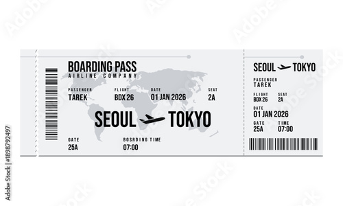 Airline boarding pass for a flight from Seoul to Tokyo on January 1st
