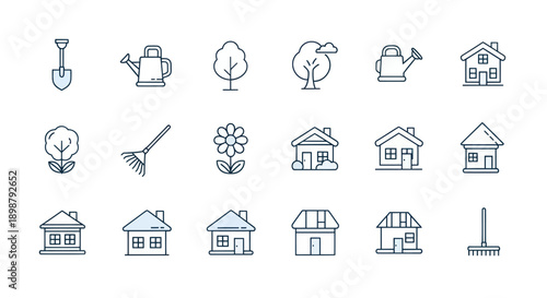 Garden tools and houses line art