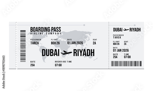 A boarding pass for a flight from Dubai to Riyadh on January 1st 2026