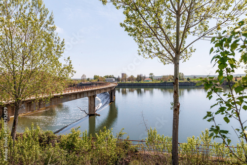Water flow of the dam of Therapio on the Ardas river, Evros Greece near to the Greek Turkish borders, drought problem during spring or summer period, lack of water