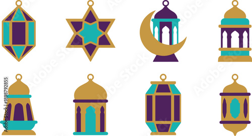 Flat Vector Set of Colorful Ramadan Lanterns Crescent Moon and Star Icons