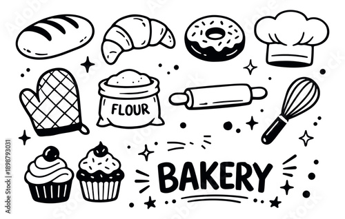 Hand drawn line art bakery set featuring bread, croissant, donut, and cupcakes for cooking and baking