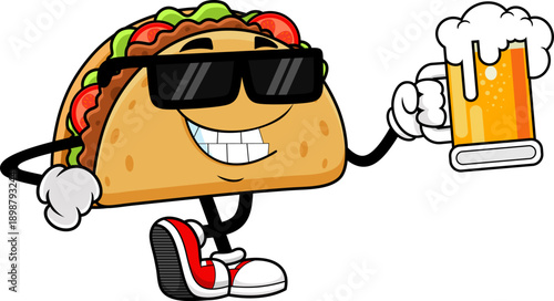 Cool Taco Cartoon Character Drinking Beer With Sunglasses – Vector Hand Drawn Illustration Isolated On Transparent Background