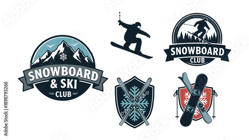 Snowboard and ski club emblem collection with mountains, snow elements, and retro badge style, clean flat vector illustration, icy blue tones, professional winter adventure logo design
