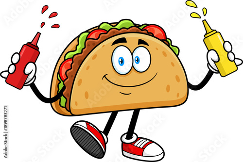 Happy Taco Cartoon Character Holding Ketchup and Mustard Bottles – Vector Hand Drawn Illustration Isolated On Transparent Background