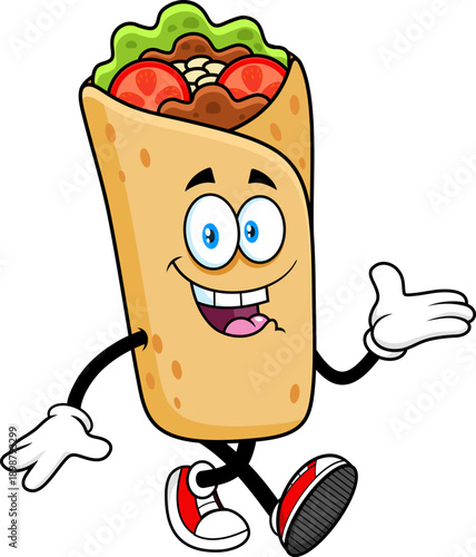 Smiling Burrito Cartoon Character Walking Cheerfully – Vector Hand Drawn Illustration Isolated On Transparent Background