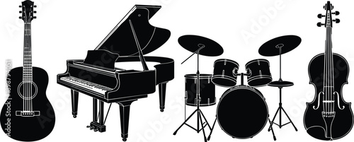 musical instruments silhouette cad drawing flat vector illustration, guitar piano drums violin set, music performance, sound art, classic orchestra