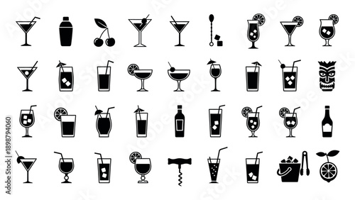 drink solid icon set, black silhouette style, minimalist flat vector design