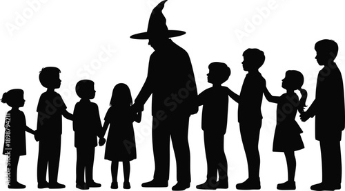 teacher guiding children silhouette, education concept cad drawing flat vector illustration, childhood learning, group line, mentorship, school symbolism