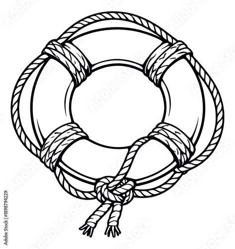 Hand drawn line art illustration of a lifebuoy depicting its classic circular shape and rope detail for marine safety and nautical themes