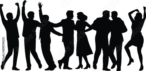 dancing people silhouette cad drawing flat vector illustration, party celebration, happy crowd, nightlife entertainment, joyful movement concept, music festival energy