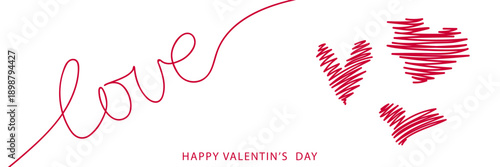 Happy Valentine's Day card on white background, love script line lettering with red scribble hearts on right side, Valentine love design vector illustration for banners, posters, invitations.