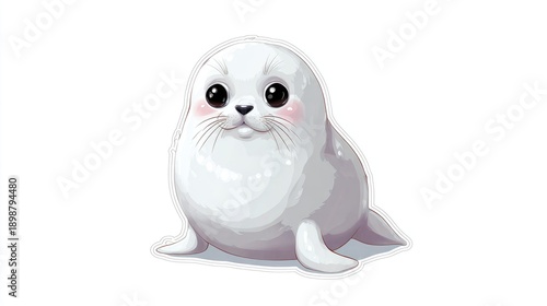 Cute baby seal pup, adorable white harp seal, kawaii animal isolated on White Background
