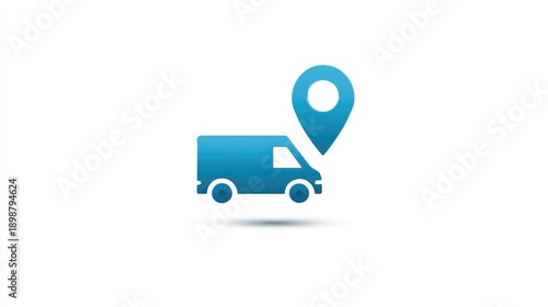 Blue delivery van icon, shipping truck with map pin pointer isolated on White Background