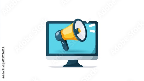 Digital marketing megaphone on computer, online promotion icon isolated on White Background
