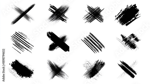 Black brush stroke marks and crosses isolated on White Background