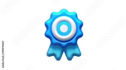 Blue award ribbon icon, 3D quality badge, winner medal symbol isolated on White Background