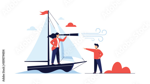 Determined woman standing on a sailing boat looking through a telescope toward the horizon while another person points the way.