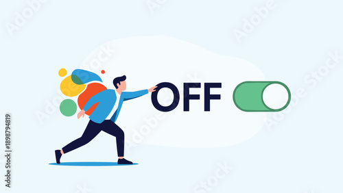 Determined employee runs towards a digital off switch to symbolize disconnect from work or ending a specific process in the office.
