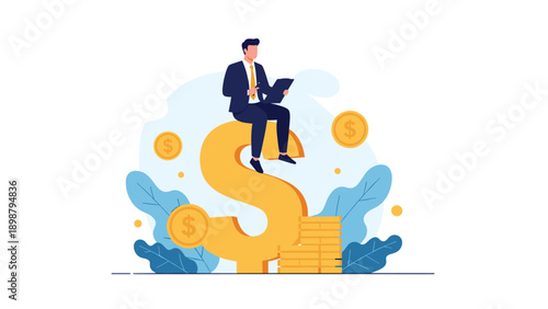 Successful corporate investor sits comfortably on a giant golden dollar sign to illustrate wealth management and financial achievements.
