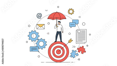 Professional man holds an umbrella while standing on a target surrounded by various business icons to illustrate risk management and focus.