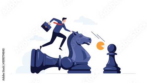 Skilled businessman jumps over fallen chess pieces towards a pawn to illustrate strategic thinking and winning over corporate competition.