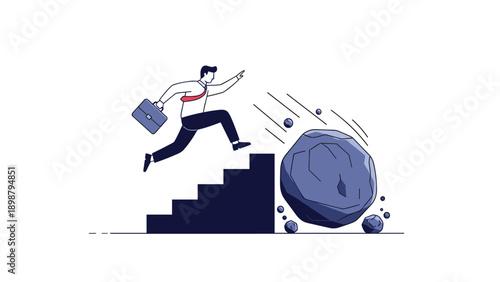 Agile businessman jumps over obstacles on stairs while a large boulder rolls down to represent overcoming challenges and workplace pressure.