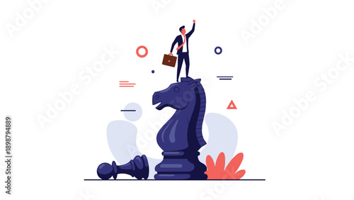 Triumphant businessman stands atop a giant chess knight piece to celebrate a strategic victory in a competitive corporate environment.