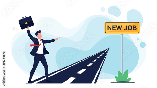 Excited man with a briefcase points towards a road sign indicating a new job opportunity and a positive change in his career path.