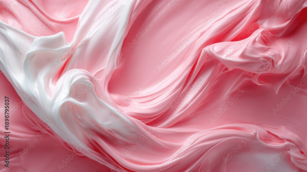 Fototapeta premium An artistic close-up of swirled creamy textures in soft pink and white hues, evoking feelings of comfort, luxury, and sophistication in a contemporary abstract style.