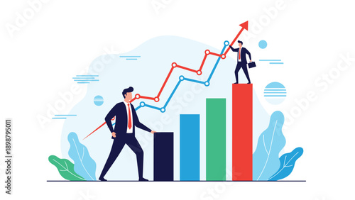 Successful leader steps onto a bar chart to reach the top where another colleague is already standing to demonstrate career advancement.