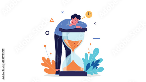 Tired man leans on a giant hourglass filled with sand to represent the pressure of time and meeting deadlines in a busy work schedule.