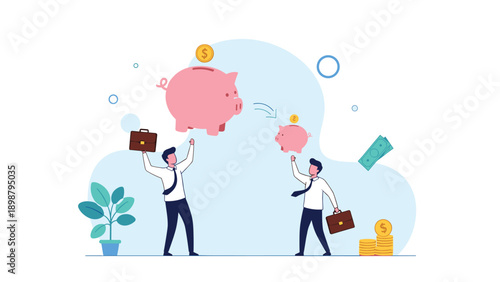 Two businessmen compare their savings by holding up a giant piggy bank and a much smaller one to represent wealth inequality and growth.