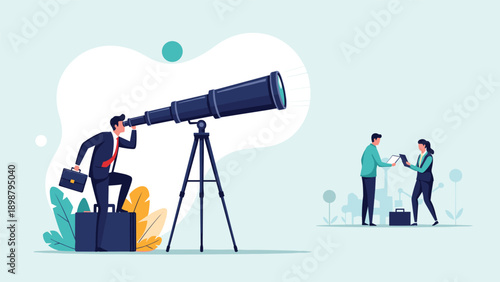 Strategic businessman looks through a large telescope at colleagues in the distance to symbolize market research and future planning.
